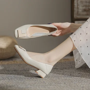 Женская обувь FamtiYard, женские балетки на каблуке 2022, женские туфли-лодочки на низком каблуке 3 см из натуральной кожи с мелким квадратным носком, женская обувь