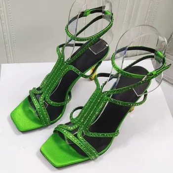 Женские босоножки на высоком каблуке с квадратным носком, дизайнерская обувь для подиума, высококачественный ремешок на щиколотке, женские сексуальные босоножки на высоком каблуке с кристаллами