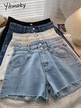 Женские джинсовые шорты Yitimoky на 2 пуговицах 2023, Новые модные винтажные шорты с заусенцами и высокой талией, повседневные однотонные широкие шорты для женщин