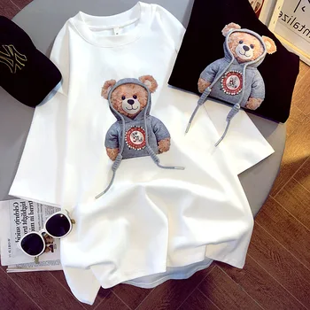 Женские футболки Harajuku Для девочек, топы больших размеров, футболка с рисунком Медведя с капюшоном и короткими рукавами, Свободная летняя футболка, белые футболки