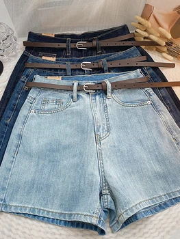 Женские шорты YuooMuoo 2023, Летние повседневные универсальные однотонные джинсовые шорты с поясом, винтажные выстиранные синие джинсовые шорты