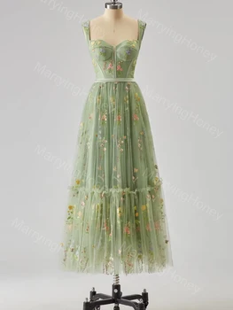 Женское выпускное платье с цветочной вышивкой из тюля в виде сердечка чайной длины, летнее платье со шнуровкой сзади, вечерние платья трапециевидной формы