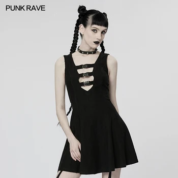Женское киберсексуальное платье А-образной формы без рукавов с низким вырезом в стиле панк-рейв, маленькое черное платье в стиле Панк-повседневности