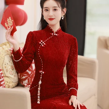 Женское платье Ципао в стиле ретро, Китайское традиционное платье, Восточно-Азиатское свадебное платье, Ветер, Красное платье для поджаривания в китайском стиле, Ципао невесты