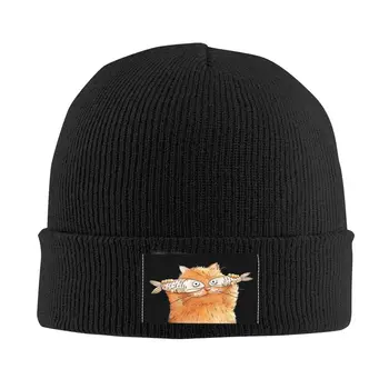 Забавный кот Ловит рыбу, тюбетейки, шапочки, прохладные зимние Теплые мужские и женские вязаные шапки, Унисекс, шапки-капоты для взрослых