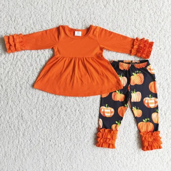 Заводские поставки ODM OEM Комплекты детской осенней одежды с длинными рукавами Детские костюмы с рюшами в виде тыквы Оранжевые наряды для девочек