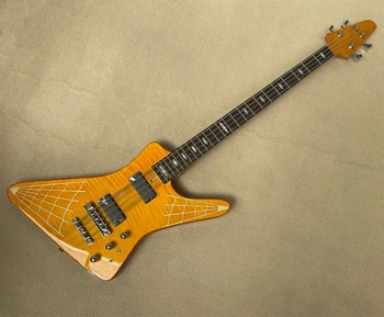 Изготовленная на заказ 4-струнная глянцево-желтая электрическая бас-гитара с хромированной фурнитурой, предложение на заказ