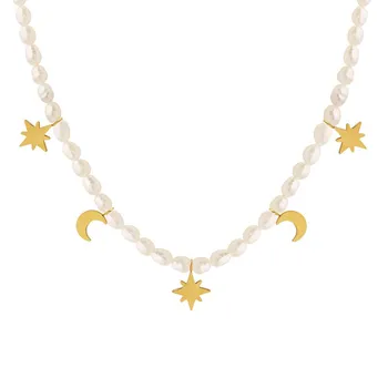 Изящное круглое ожерелье из пресноводного жемчуга для женщин в стиле бохо, нежное колье-чокер с подвесками в виде звезд и Луны, ювелирный подарок на день рождения