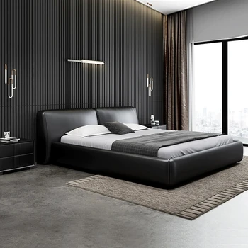 Итальянская минималистичная современная простая светлая роскошная спальня с кожаной кроватью площадью 1 кв. м, освещенная мебелью на 2 персоны С ящиком для хранения