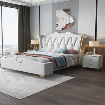 Итальянская светлая роскошная кровать из натуральной кожи, современная простая главная спальня с двуспальной кроватью 1,8 м, небольшая кровать 1,5 м, мягкая кровать в упаковке