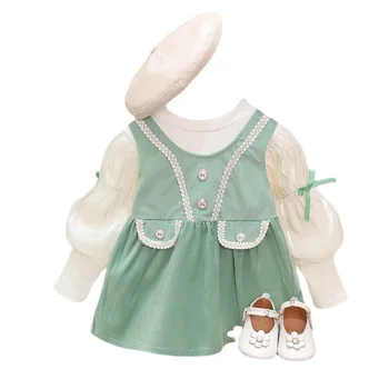 Качественные платья для маленьких девочек, весенне-осенняя мода, длинный рукав, накладная рубашка из 2 предметов, пуловер, белые платья для малышей 1-4 лет