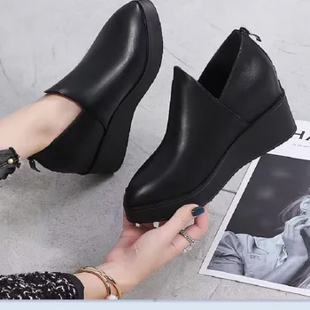Кожаные туфли со скошенным каблуком для одиноких женщин, высокие черные, новые весенне-осенние туфли высокого класса на толстой подошве