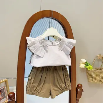 Комплект модной одежды для маленьких девочек 2023 года, рубашки с летящими рукавами + шорты, детские костюмы принцессы на день рождения из 2 предметов, комплекты детской одежды