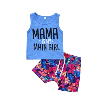 Комплекты летней одежды для маленьких мальчиков, синий жилет без рукавов с буквенным принтом + Шорты с цветочным шнурком от 0 до 3 лет