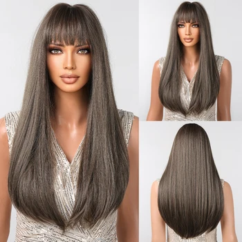 Коричневые длинные шелковые прямые парики с челкой, натуральный каштановый парик для чернокожих женщин, термостойкие синтетические волосы для ежедневной вечеринки