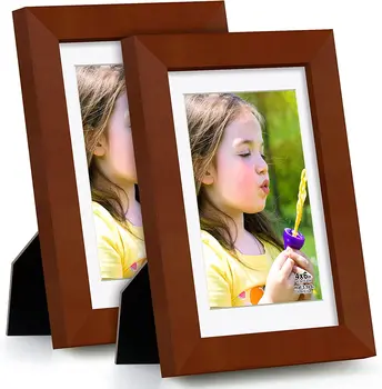 коричневые рамки для фотографий размером 4x6 дюймов (2PK) Из массива дерева и стекла высокой четкости Отображают фотографии размером 3,5x5 дюймов с ковриком для настольного монтажа
