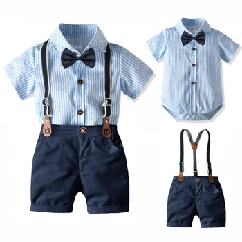 Костюм джентльмена для маленьких мальчиков, летняя одежда для младенцев от 0 до 24 месяцев, полосатая рубашка с бантом для новорожденных + Шорты на подтяжках, праздничная одежда для мальчиков на День рождения