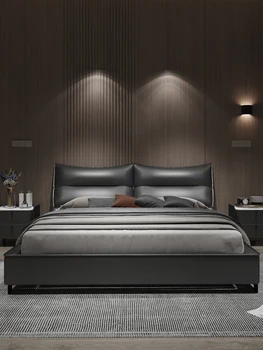 Кровать из натуральной кожи Итальянский минимализм легкая роскошь современный минимализм 1,8 м двуспальная кровать в главной спальне с кроватью из крайней плоти