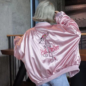 Куртка-бомбер, женская куртка-пилот, розовая леопардовая свободная бейсбольная с вышивкой из мультфильма, весенние короткие топы, Корейская модная женская одежда