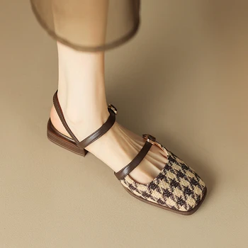 Лаконичные Женские босоножки из хлопчатобумажной ткани, женская обувь 2023 года, женская обувь с квадратным носком и низким каблуком, женская обувь Mary Janes