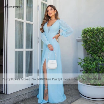 Лакшмигаун Светло-Голубое шифоновое платье Подружки невесты с длинным рукавом для свадеб в качестве гостя 2023 Vestidos De Noche