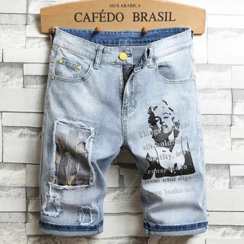 Летние Новые джинсовые шорты, нестандартные мужские прямые брюки, свободные джинсы с рваной заплаткой большого размера, Модные джинсы с принтом