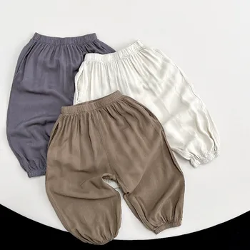 Летние однотонные освежающие штаны-фонарики для маленьких девочек, детские брюки-антимоскитки для мальчиков, Мягкие свободные широкие брюки