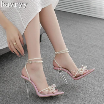 Летние сандалии с милым жемчужным бантом и прозрачными туфлями на тонком высоком каблуке с острым носком для свадебной вечеринки Женские туфли на шпильке
