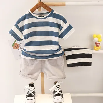 Летняя одежда для маленьких мальчиков, костюм, модная хлопковая футболка, комплект одежды для маленьких мальчиков, рубашка в полоску + шорты, костюм из 2 предметов, одежда для маленьких мальчиков