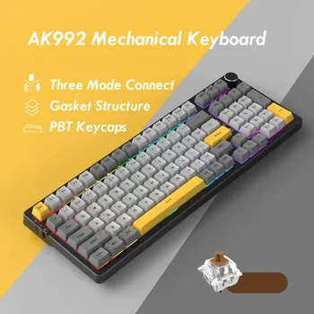 Механическая Клавиатура AK992 Hot Swap Shaft с Bluetooth 2.4GHz RF Wireless Type-C Проводное Трехрежимное Подключение RGB Игровой Клавиатуры