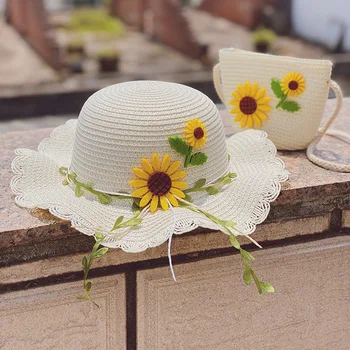 Милые солнцезащитные шляпы для детей Подсолнух Летняя солнцезащитная шляпа с козырьком Соломенная шляпа Сумка для девочек Детская Пляжная шляпа для путешествий Милая солнцезащитная кепка для девочек