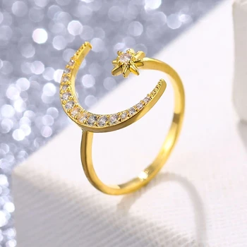 Модное кольцо на палец, Хрустальные кольца со Звездой и Луной Для женщин, девочек, Свадебная вечеринка, Открытие ювелирных изделий Anillo e274