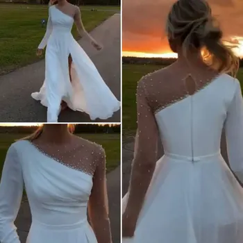 Модное новое простое свадебное платье для новобрачных slim vestido de fiesta de boda женское свадебное платье с длинными рукавами и жемчугом