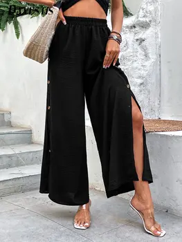 Модные женские брюки для пригородных поездок 2023 Летние повседневные свободные широкие брюки с разрезом для женских офисных брюк с высокой талией