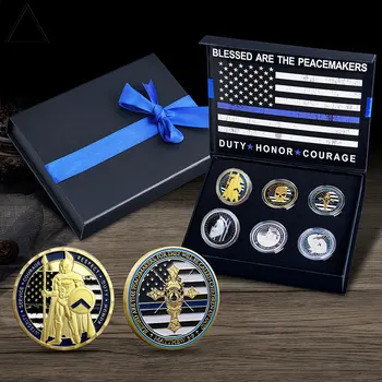 Монета вызова офицера полиции США СВ. Майкла Тонкая синяя линия, Благослови Бог правоохранительные органы, полицию, 6 памятных монет в подарочной коробке