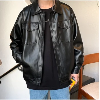 Мужская Весенняя черная куртка из мягкой искусственной кожи 2021, мужская куртка в стиле хип-хоп, Кожаная мужская Уличная одежда больших размеров с карманами, Одежда