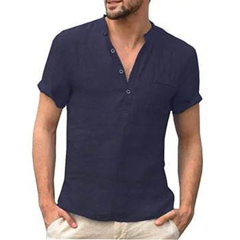 Мужская льняная футболка, летняя мода, футболки с V-образным вырезом и коротким рукавом на пуговицах, топы, мужские повседневные однотонные рубашки с накладными карманами, уличная одежда