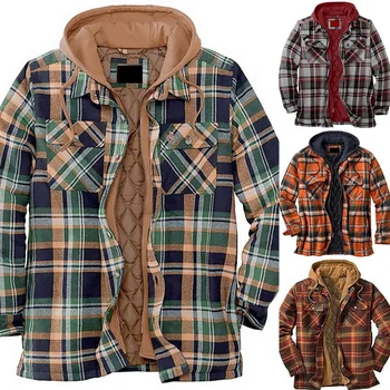 Мужская одежда Осенне-зимние модели в европейском и американском стиле, толстая хлопковая клетчатая свободная куртка с капюшоном и длинными рукавами