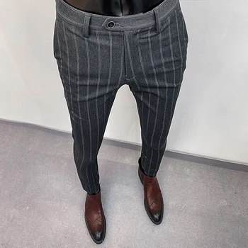 Мужские брюки для костюма, новые высококачественные брюки для костюма в тонкую полоску, модная повседневная мужская одежда, официальные брюки полной длины