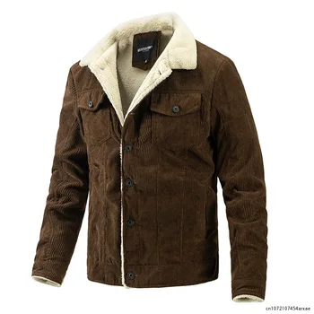 Мужское зимнее флисовое пальто, Вельветовая повседневная парка с отложным воротником, теплые куртки для мужчин, однобортное пальто с двумя карманами