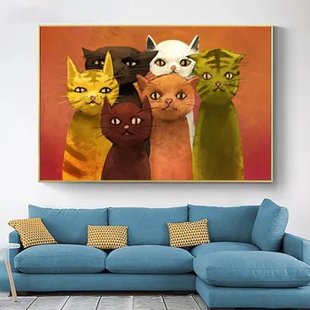 Мультфильм Шесть милых кошек, настенные рисунки, современное украшение дома, принты плакатов, украшение детской комнаты, Куадрос, Винтажные принты на холсте
