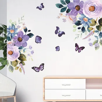 Наклейка для украшения дома Фиолетовый цветок Прикроватная тумбочка для спальни, вход, Озеленение домашней стены, декоративная наклейка на стену, самоклеящаяся