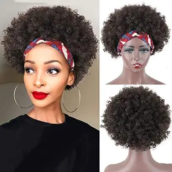 Натуральный Черный бесклеевой синтетический парик с повязками для ежедневного использования, афро-парик с повязкой на голову, короткие кудрявые парики для черных женщин
