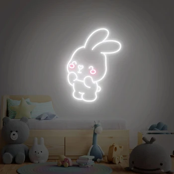 Неоновая вывеска Cute Bunny с питанием от USB для декора комнаты, светодиодный неоновый свет с регулируемой яркостью, ночник для детской комнаты, настенное искусство, подарок на день рождения