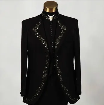 Новейшие мужские костюмы с черной вышивкой бисером, приталенный крой, 2 предмета (смокинги, куртка + брюки) Свадебные Смокинги для жениха, Костюм для выпускного вечера, блейзер