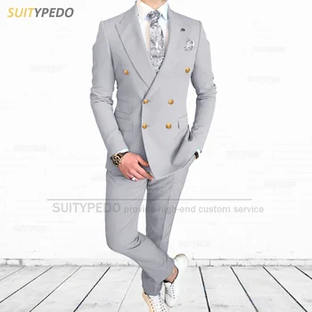 Новейший серый мужской костюм Slim Fit, формальный двубортный пиджак, брюки, 2 предмета, роскошные мужские смокинги для выпускного вечера 2023 года, деловые Свадебные смокинги для мужчин