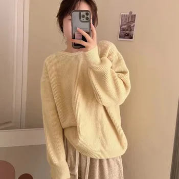 Новые осенне-зимние свободные однотонные пуловеры в корейском стиле с круглым вырезом, женская верхняя одежда, облегающий свитер свободного кроя