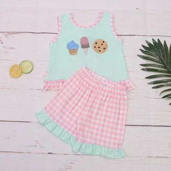 Новый комплект летних шорт для девочек от 1 до 8 лет, комплект одежды из двух частей с коротким рукавом и вышивкой в виде печенья и мороженого, зеленый топ, костюм