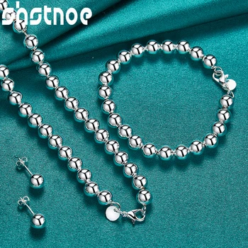 Новый шарм из стерлингового серебра 925 пробы, ожерелье из гладких бусин 8 мм, браслет, серьги, Ювелирные наборы для женщин, свадебные аксессуары для новобрачных