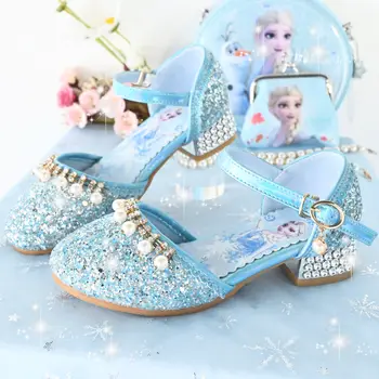 Обувь принцессы Диснея для девочек, обувь Эльзы, модные туфли на высоком каблуке с кристаллами и жемчугом для девочек, весенние кожаные розово-синие туфли, размер 23-36